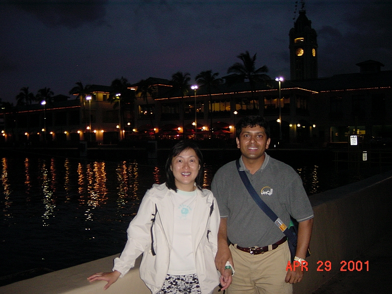 Bhawani & Swina in front of Aloha Tower.JPG