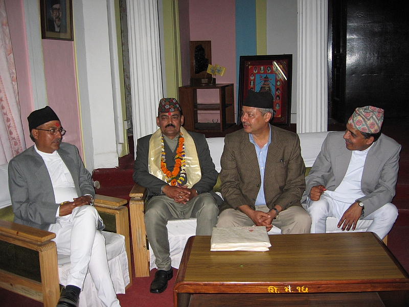 07-04-01-034931.JPG - The inauguration ceremony of the new Minister of Education and Sports.From Left - Honorable Minister Mr. Pradip Nepal,  Honorable State Minister Mr. Mohan Singh Rauthar, The advisor of the Honorable Minister Ramakanta Sapkota, The Secretary Mr. Balananda Poudel.  I happen to be in the Ministry with my uncle Ramakanta and witnessed the event. It is for sure an unforgettable experience for me.